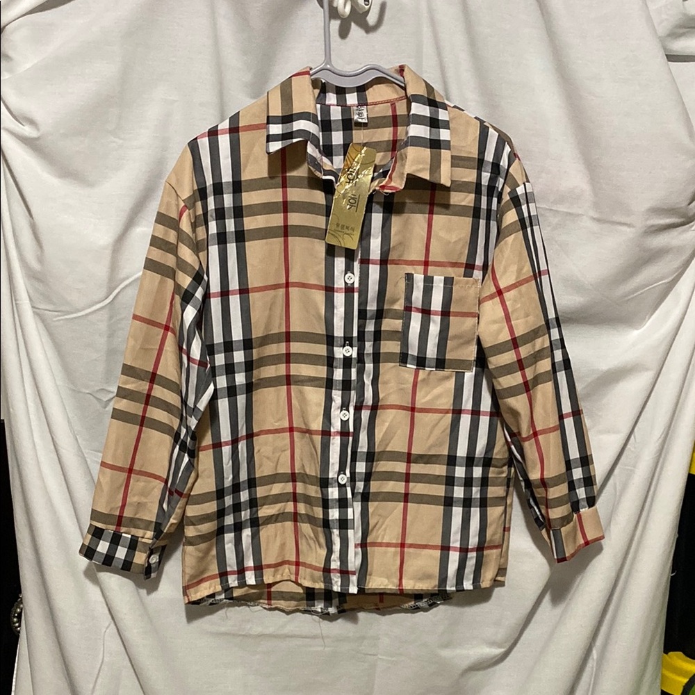 Tan and Black 3/4 Sleeve Boxy Button Down Shirt
